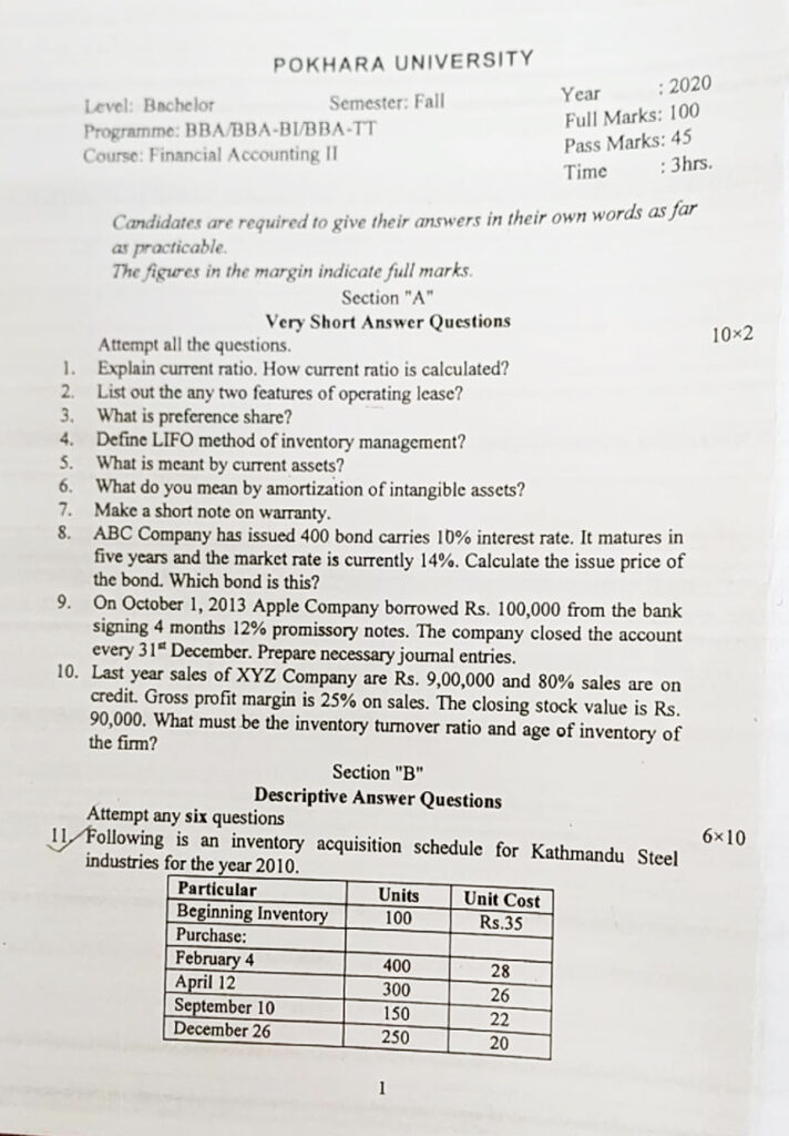 Financial Accounting BBA/BBA-BI/BBA-TT 2nd Sem Question paper-2020